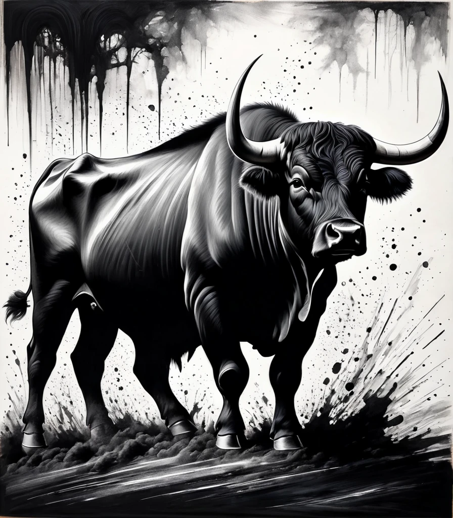 black charcoal art,Line art,black ink,abstract art,Use your skill in scraping black charcoal to create a bull-like image.