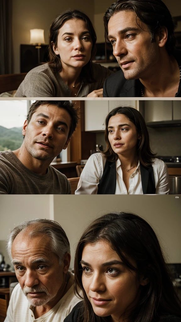 The three travelers engaging in a lively conversation, each with distinct facial expressions reflecting their ages."