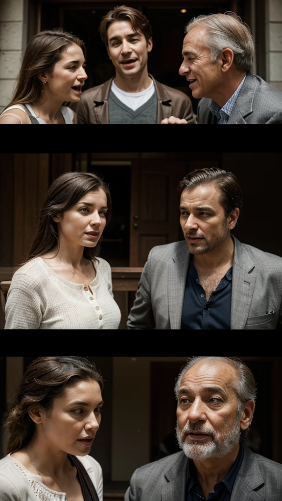 The three travelers engaging in a lively conversation, each with distinct facial expressions reflecting their ages."
