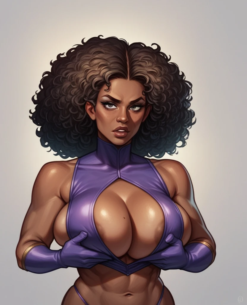 thick african american female superheroine, beautiful big hair, wearing gloves, purple costume, big breasts, shoulder length black curly hair, perfect body, african american skin, natural skin, perfect face, hd, 4k, 8k. Female superheroine Moonlight captured by villains who pplace suction cups on her G-size breast, exploiting her one weakness of overstimulation to erogenous zones.