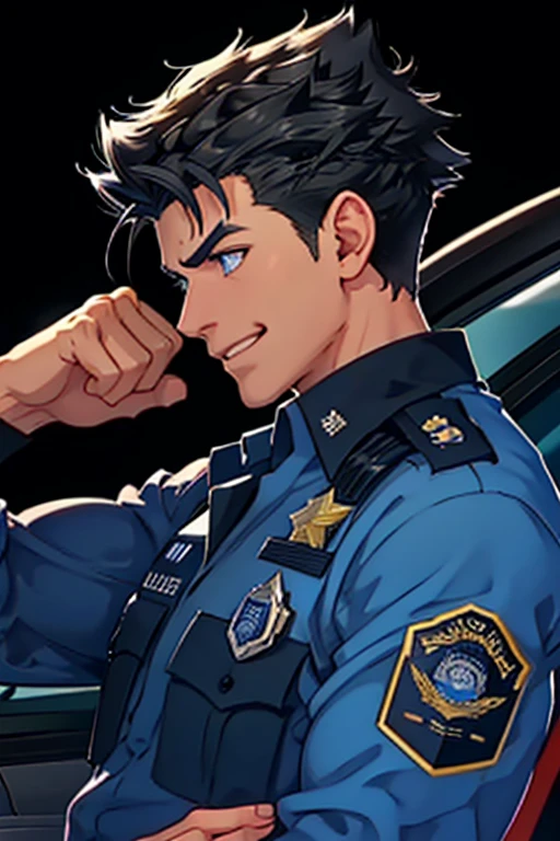 a handsome police officer with black hair, bright blue eyes, happy, in a sweet pose, side view, stealing a glance