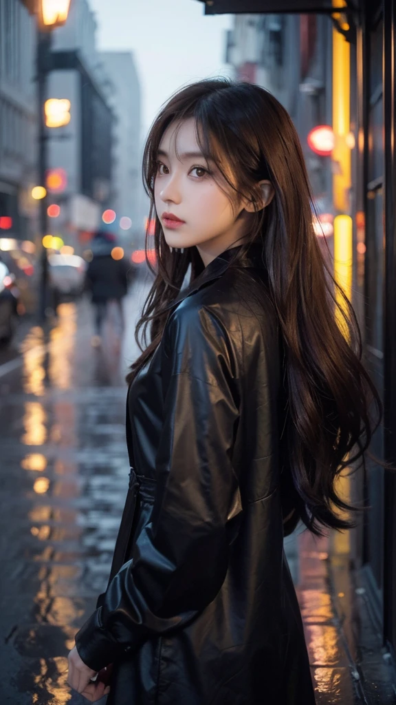 anime woman with long dark brown hair and golden eyes, and black clothing in city, dark atmosphere vibe, rainy dusk, blue overlay, facing away from camera