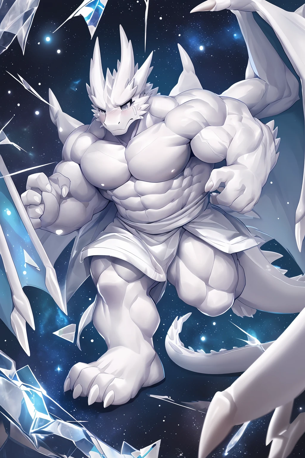 (sfw:1.5), male focus, Handsome 1boy, solitary，protrait photo，single, (White nails, 白色的Dragon Claw, White feet, White feet底板:1.4), Long white hair, (白色的Dragon Wing:1.5), White skin, White dragon tail, (White dragon horn, White horn, Delicate corners, Delicate corners:1.2), (Perfect grey eyes:1.4), (White body, White scales, White ears:1.3), 
Western Dragon, dragon, dragon boy, dragon body, feet, (big eyes, large eyes:1.4), Dragon Scale, Dragon Wing, Dragon's foot, Dragon Claw, (Chubby, The body is huge, Larger face:1.1), Human feet, (Four toes:1.4), 
(古希腊White robe, White robe:1.4), Barefoot, (There is a blue tassel pattern on the clothes:1.2), 
(full body:1.2), Front view, (Mature men:1.4), (Strong body, muscle,Strong male, muscle男, Bare chest muscles:1.3), (Abdominal muscles:1.4), belly button, (Strong and strong legs, Strong legs, Thick arms:1.3), (run, running:1.3), Run towards each other, (Looking at each other, Focus, Eyes gaze:1.1), Open your mouth, (unhappy, sad, sad, Wronged:1.4), Unwillingly, (teardrop, cry, Tears, Tears splattered:1.4), (Reach out to the other person:1.3), 
full background, (Clouds, rainbow, dream, Dreams, Halo:1.1), Galaxy, Black ground, Broken Ground, (lens ,Shattered mirror, 空中散落的lens, 四处飞散的lens:1.4),
Mysterious and romantic atmosphere, Caustic lines(refraction, polarization)Perfect anatomical structure, absurd, Detailed background, (Delicate eyes:1.3),Printing style。((artist:Takemoto Arashi))