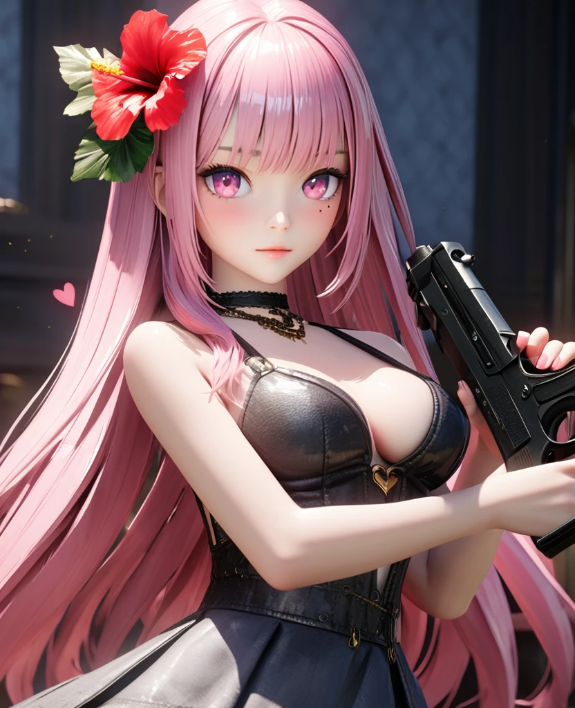 masterpiece,highest quality, Very detailed, High resolution, expensive resolution, High resolution, 4K, 8k, unity 8k wallpaper, Very detailed CG, masterpiece, 2D, 3D, Beautiful details, depth, Fine texture , highest quality: 1.3, Fully focused, Crispy.skin, .he,
Very cute anime girl 、bikini、Large Breasts、Pink medium-long hair wearing expensive , Two Girls、Holding a gun, Mole under the eye, looking at the viewer , expensive , blush, Mole, Lips parted, Hibiscus Hair Accessories, heart, Pink Eyes, choker
