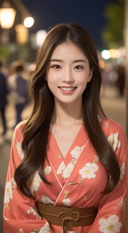 ((highest quality、8k、master piece:1.3))、Self snap、beautiful woman with perfect figure:1.4、(brown long hair、normal breasts:1.3)、(floral pattern yukata)、Highly detailed face and skin texture、detailed eye、double eyelid、laughter:1.5、Full body Esbian、～sacrifice to、in the street、night