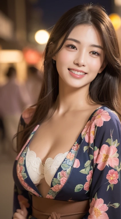 ((highest quality、8k、master piece:1.3))、Self snap、beautiful woman with perfect figure:1.4、(brown long hair、normal breasts:1.3)、(floral pattern yukata)、Highly detailed face and skin texture、detailed eye、double eyelid、laughter:1.5、Full body Esbian、～sacrifice to、in the street、night