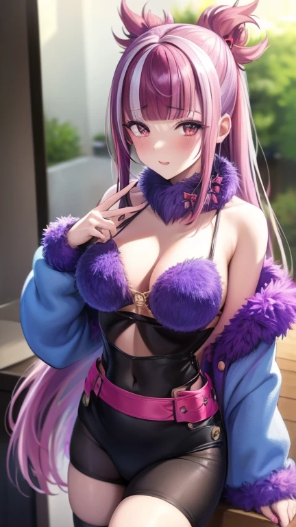 One girl, Blunt bangs, Braiding, Wide sleeves, hair ornaments, kimono, Red belt, (Purple Hair:1.2), Very long hair, Straight hair, View Viewer, Highly detailed background, (Photorealistic:1.2), Fine grain, Red eyeshadow, Depth of written boundary，thigh, (Ulzzang-6500:0.7), Upper Body, (alone:1.2), (Cyberpunk City:1.1), Cleavage, (Put your finger on your lips:1.1),Shiny skin