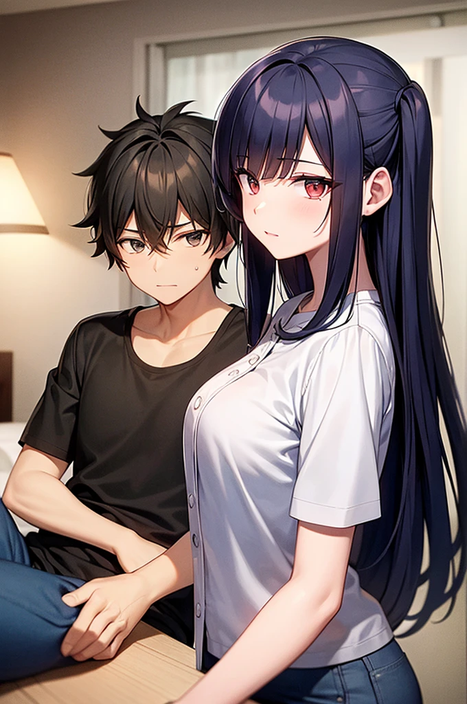 A handsome anime boy with black hair in a a hot girl in bedroom now they both get normal they stopped