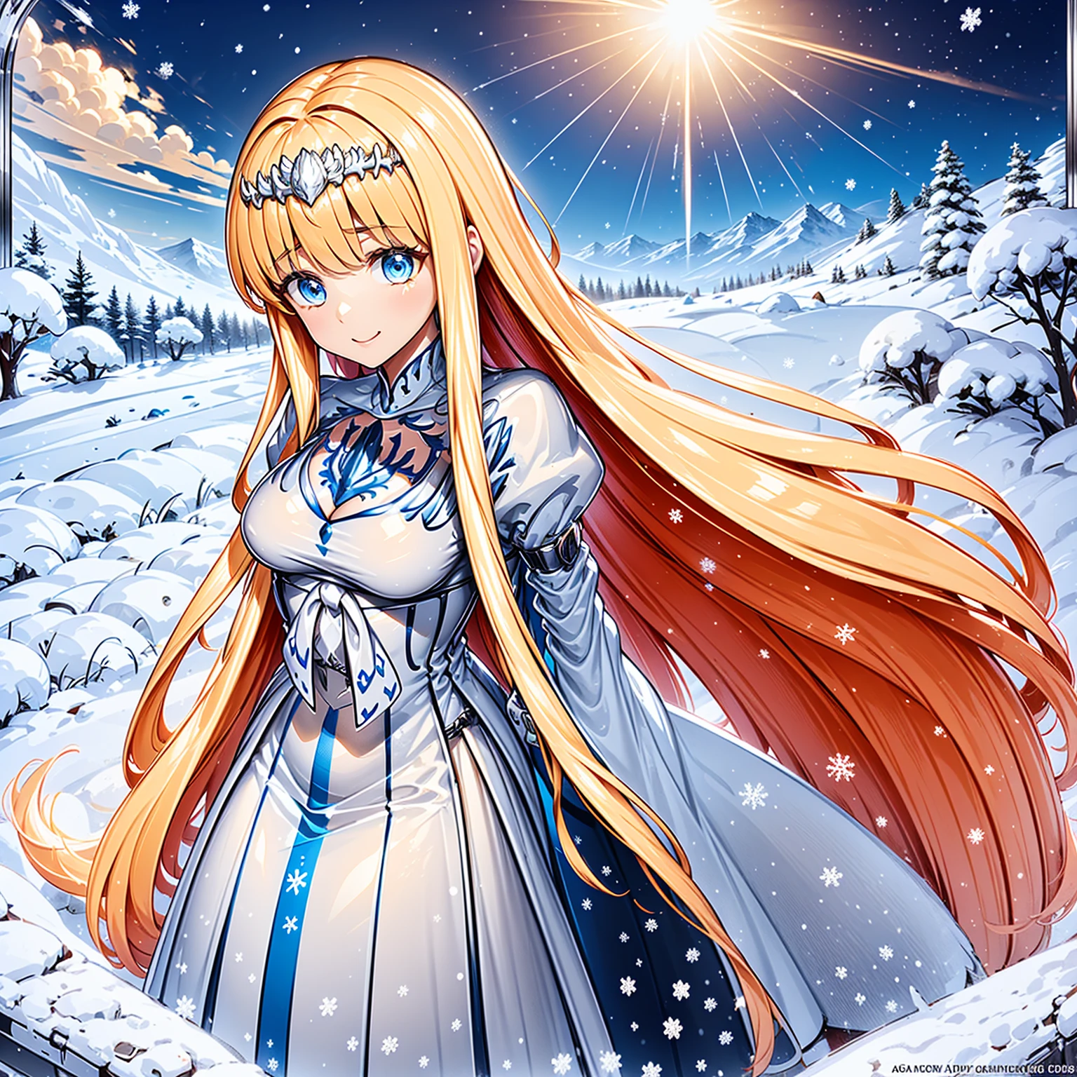 ，sacred， Have fun， gentleness，，(There is winter:1.3)， Blue Eyes，maximalism，，The background is cold earth.，the person only， Beautifully detailed face，(wind and snow affect:1.1)，Enchanted, 1girl, solo, Calca, Calca Bessarez, blonde hair, (extremely long hair:1.3), very long hair, white tiara, white dress, blue eyes, medium chest, long straight hair, mature female, 25 years old,