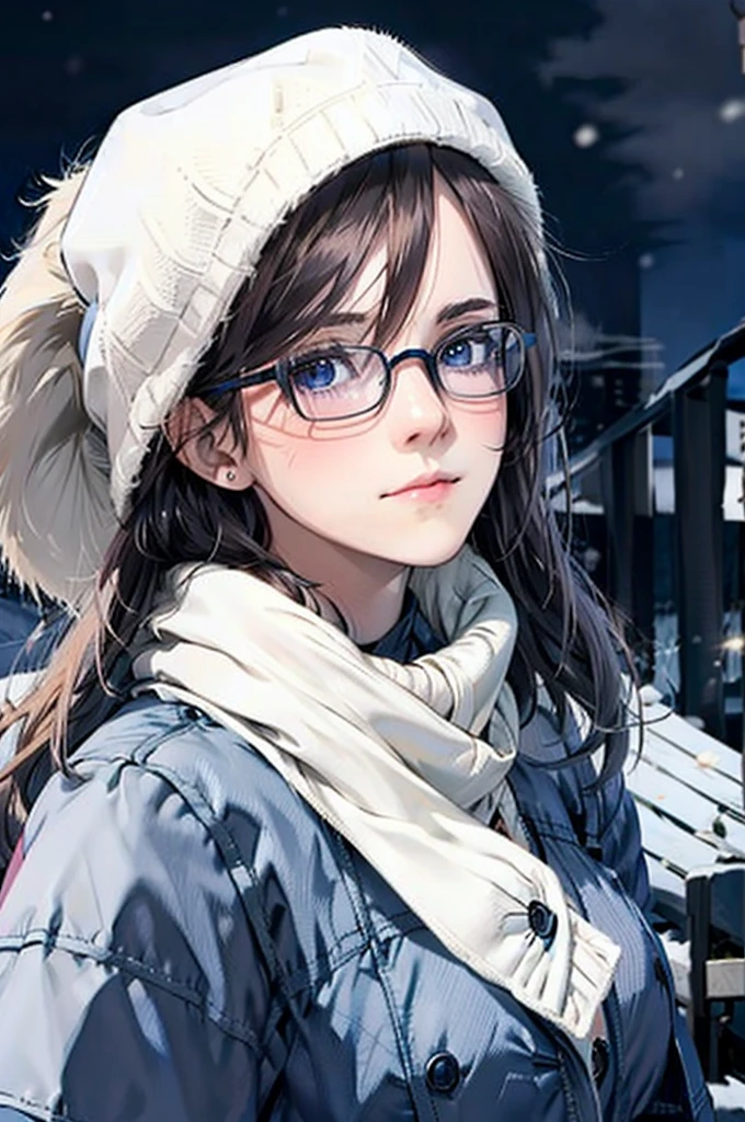 Mature Woman　Blue Eyes　Duffle coat　Woolen hat　Scarf　gloves　Glasses　blush　Looking up　night　Falling snow　new york　Christmas tree　adventurous journey　Deep love and trust　really like、i love you。