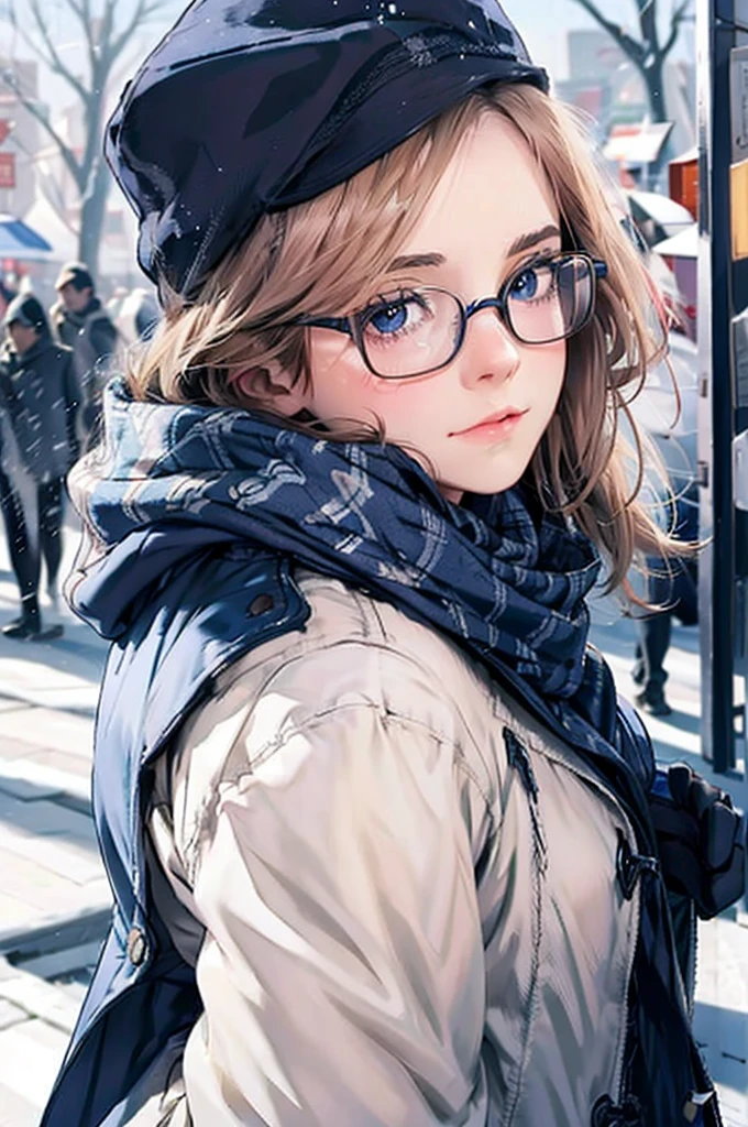 Mature Woman Blue Eyes Duffle coat Woolen hat Scarf gloves Glasses blush Looking up night Falling snow new york Christmas tree adventurous journey Deep love and trust really like、i love you。