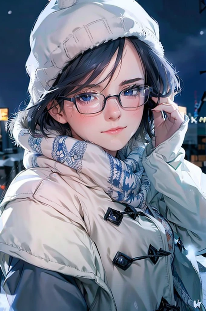 Mature Woman Blue Eyes Duffle coat Woolen hat Scarf gloves Glasses blush Looking up night Falling snow new york Christmas tree adventurous journey Deep love and trust really like、i love you。