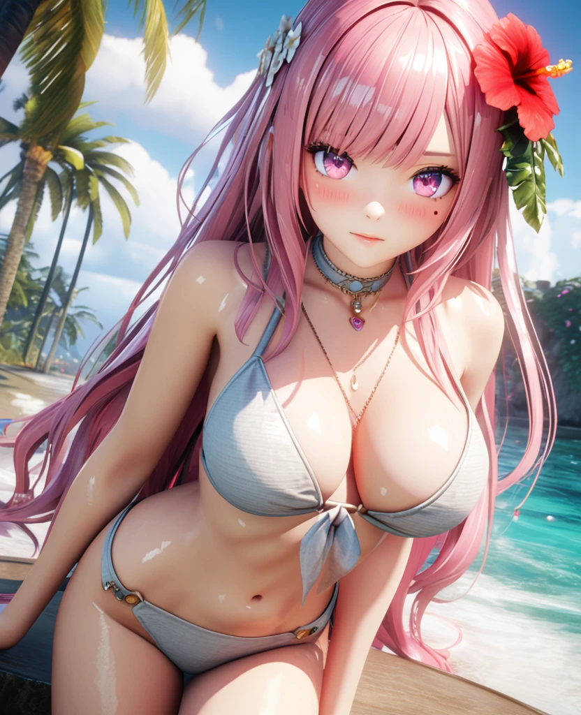 masterpiece,highest quality, Very detailed, High resolution, expensive resolution, High resolution, 4K, 8k, unity 8k wallpaper, Very detailed CG, masterpiece, 2D, 3D, Beautiful details, depth, Fine texture , highest quality: 1.3, Fully focused, Crispy.skin, .he,
Very cute anime girl 、bikini、Large Breasts、Pink medium-long hair wearing expensive , One Girl、Palm tree、Seaside, Mole under the eye, looking at the viewer , expensive , blush, Mole, Lips parted, Hibiscus Hair Accessories, heart, Pink Eyes, choker