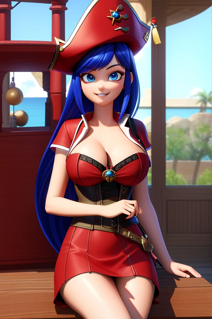 (8k, RAW photo, best quality, masterpiece:1.2), (intricate details), perfect eyes, perfect face, perfect lighting, beautiful, (masterpiece:1.2), (best quality:1.2), 1girl, solo, Marinette, blue hair, (( loosen hair, bangs )), adult torso, 19 years old, smirking, huge sized breasts, (short red pirate dress), pirate hat, corset, cowboy shot, 3DMM, seated, front view 