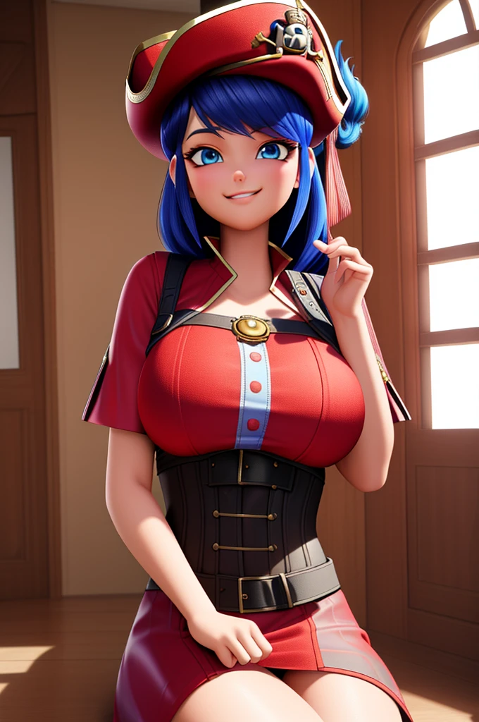 (8k, RAW photo, best quality, masterpiece:1.2), (intricate details), perfect eyes, perfect face, perfect lighting, beautiful, (masterpiece:1.2), (best quality:1.2), 1girl, solo, Marinette, blue hair, (( loosen hair, bangs )), adult torso, 19 years old, smirking, huge sized breasts, (short red pirate dress), pirate hat, corset, cowboy shot, 3DMM, seated, front view