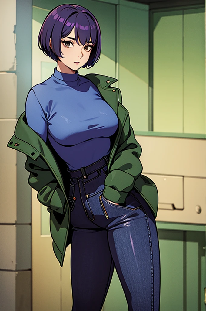 Young woman, short violet hair, pixie cut, hair in-between eyes, brown eyes, green crop-top, blue jacket, black jeans, hands in pockets, facing camera