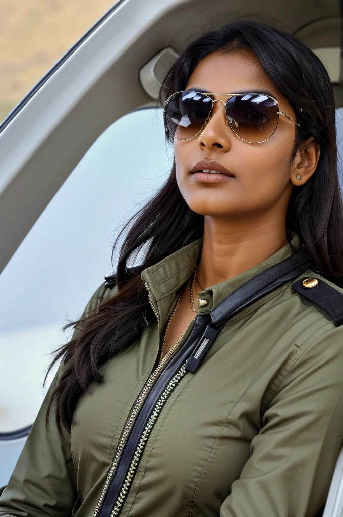Indian female pilot in the cockpit with sunglasses and a Rolex watch would likely exude confidence and a sense of style while maintaining a professional demeanor. Her sunglasses are practical for reducing glare, while her Rolex watch suggests a taste for quality and precision, mirroring her role as a pilot where attention to detail is crucial.