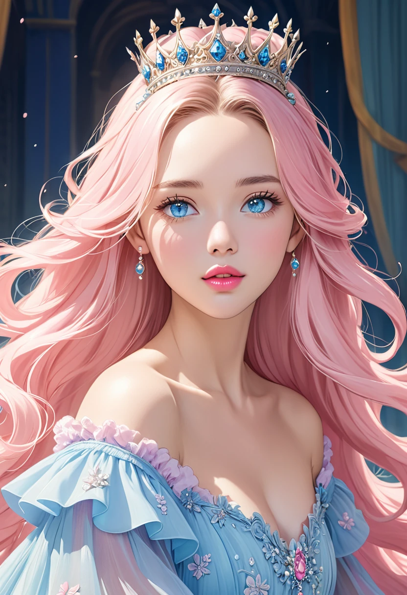 woman, light pink long hair without bangs, open forehead, thin pink lips, bright blue eyes fluffy dress, royal crown