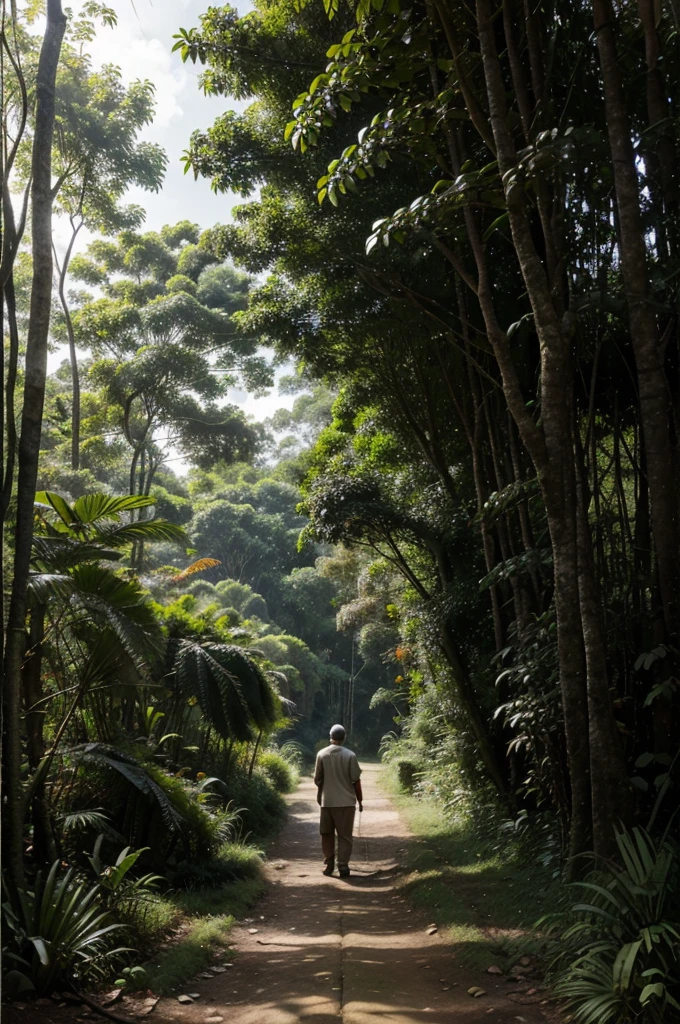Old Menek walked with his grandson, through a narrow path in the middle of a dense forest. Typical Indonesian natural scenery. Detailed and natural. Realistic painting effect