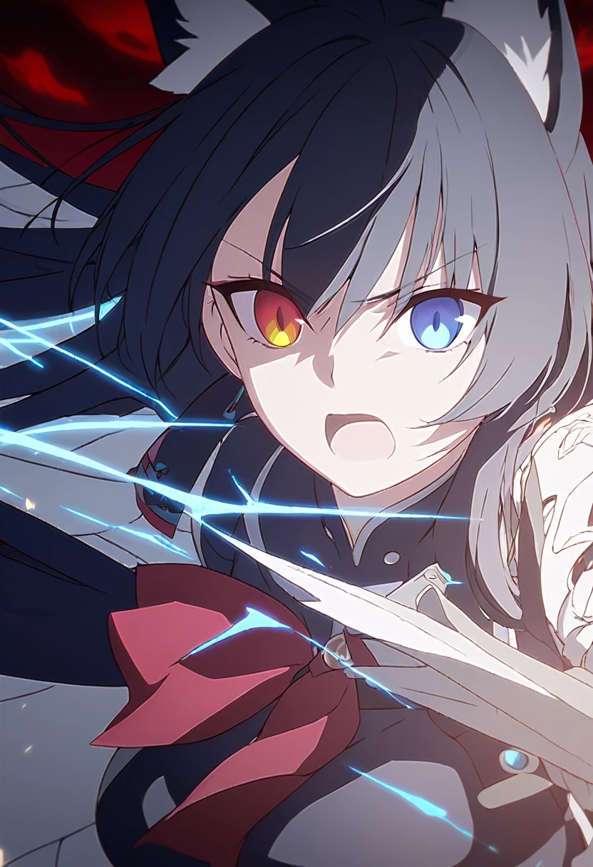a beautiful blue and black kitsune, big breasts, long blue and black hair, slim waist, detailed portrait, intricate details, dramatic lighting, mystical, elegant, sensual, long white tail, heterochromia (one blue eye, one red eye), holding a bow, attacking pose, Alpha crimson wave, ((punishing gray raven)), A will-o'-the-wisp would come out of one of his eyes