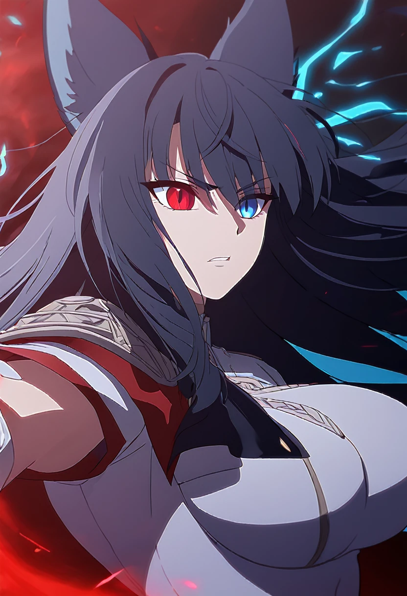 a beautiful blue and black kitsune, big breasts, long blue and black hair, slim waist, detailed portrait, intricate details, dramatic lighting, mystical, elegant, sensual, long white tail, heterochromia (one blue eye, one red eye), holding a bow,  attacking pose, Alpha crimson wave, ((punishing gray raven)), A will-o'-the-wisp would come out of one of his eyes 