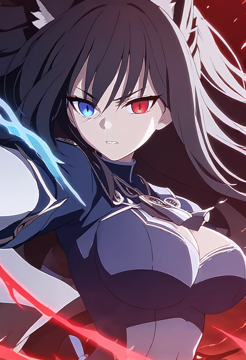 a beautiful blue and black kitsune, big breasts, long blue and black hair, slim waist, detailed portrait, intricate details, dramatic lighting, mystical, elegant, sensual, long white tail, heterochromia (one blue eye, one red eye), holding a bow, attacking pose, Alpha crimson wave, ((punishing gray raven)), A will-o'-the-wisp would come out of one of his eyes