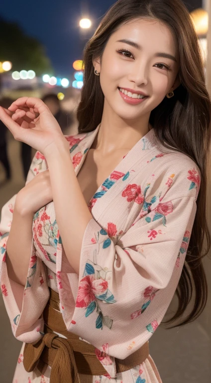 ((highest quality、8k、master piece:1.3))、Self snap、beautiful woman with perfect figure:1.4、(brown long hair、normal breasts:1.3)、(floral pattern yukata)、Highly detailed face and skin texture、detailed eye、double eyelid、laughter:1.5、Full body Esbian、～sacrifice to、in the street、night