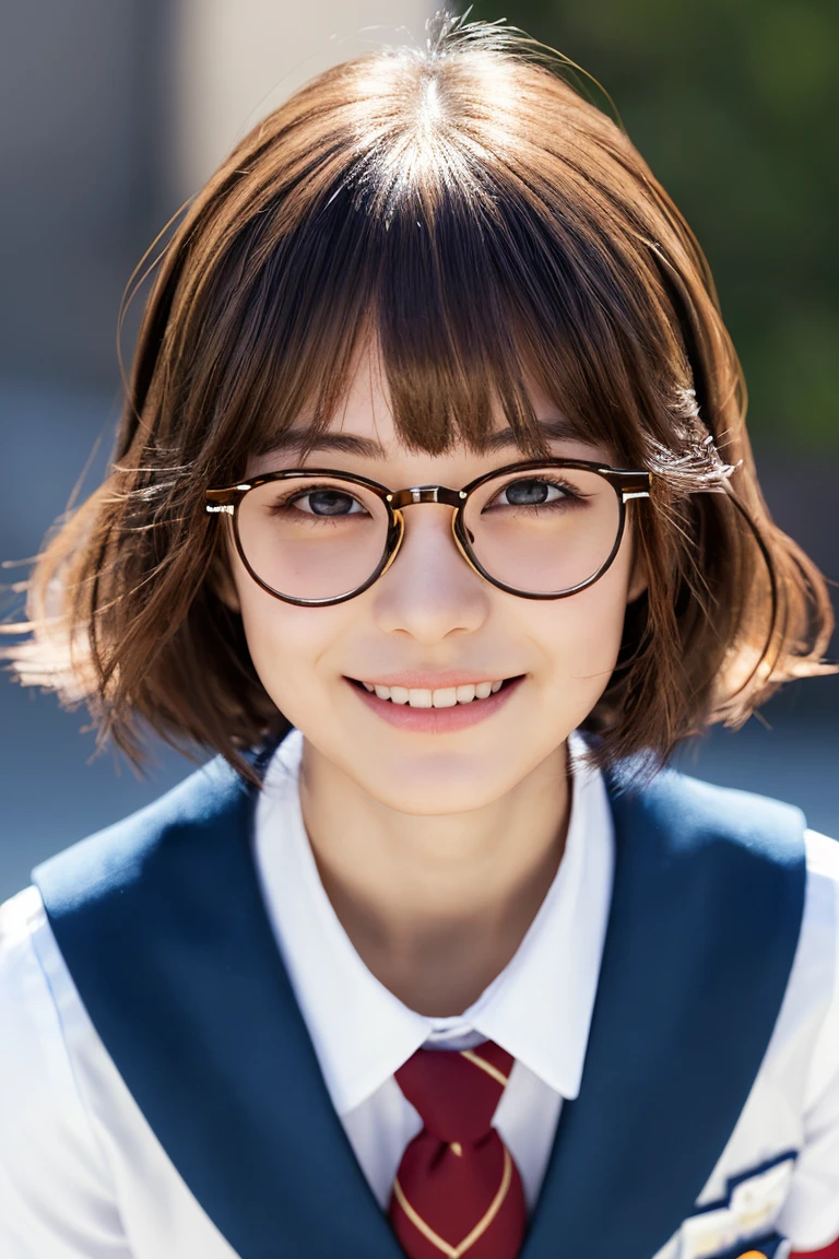 ulzzang-6500-v1.1, (raw photo:1.2), (photorealistic:1.4), beautiful detailed girl, very detailed eyes and face, beautiful detailed eyes, ridiculous, incredibly ridiculous, huge file size, super detailed, high resolution, very detailed, best quality, masterpiece, kemomimi, ((Japanese girls' high school uniform)), illustration, very detailed, CG, unified, 8k wallpaper, amazing, Fine details, masterpiece, best quality, very detailed CG uniform 8k wallpaper, light on face, cinematic lighting, 1girl, ,full body,dynamic pose,smile,short hair,glasses