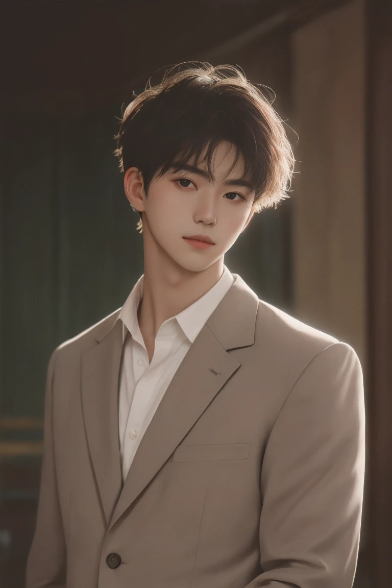 Handsome man portrait, Shoot with Leica, shadow play, Gorgeous lighting, Subtle pastel tones, indoor,Wearing a light-colored suit,Looking at the camera,deep feeling