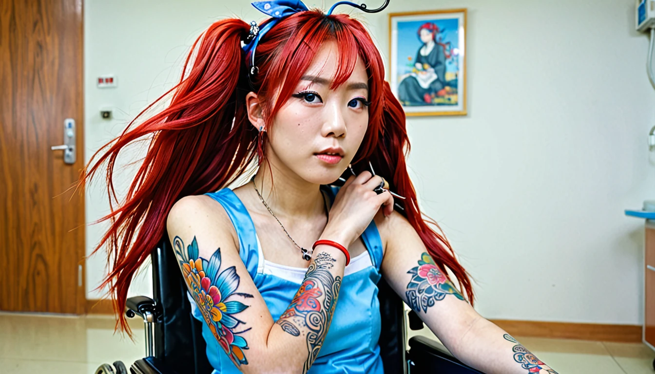 Uhd, (photo of Cami, subject: Noriko, 1/2 Japanese 1/2 Hainu skinny girl with long red hair in a 2/00 large wheelchair, blue+++ eyes, oval face, LGBTQIA+, queer, punk style, dressed in colors, buttefly hairclip, tattooes. She is in the hospital) + (A man doctor extracts her blood using the noodle on her arm)