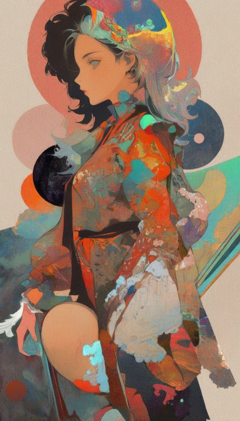 Create a potrait dramatic contemporary digital art from a collage mixed with elements of retro, surrealism, and vintage aesthetics, centering on a intricate details full body of beautiful woman with dramatic blank stare with a pose that is not stiff, details hand