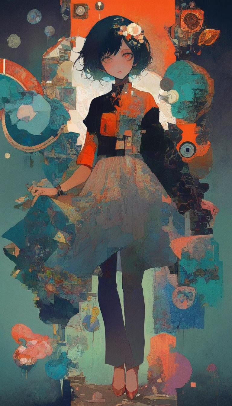 Create a potrait dramatic contemporary digital art from a collage mixed with elements of retro, surrealism, and vintage aesthetics, centering on a intricate details full body of beautiful woman with dramatic blank stare with a pose that is not stiff, details hand