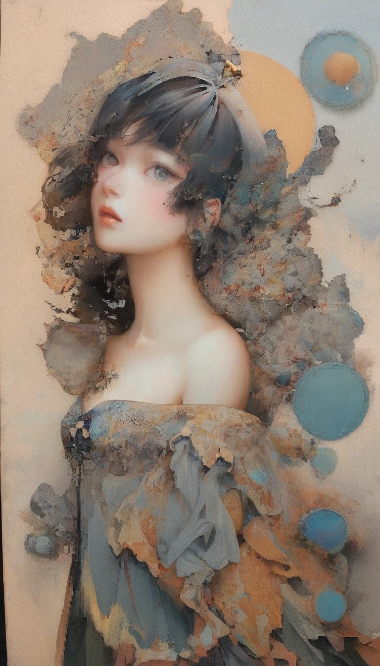 Create a potrait dramatic contemporary digital art from a collage mixed with elements of retro, surrealism, and vintage aesthetics, centering on a intricate details full body of beautiful woman with dramatic blank stare with a pose that is not stiff, details hand