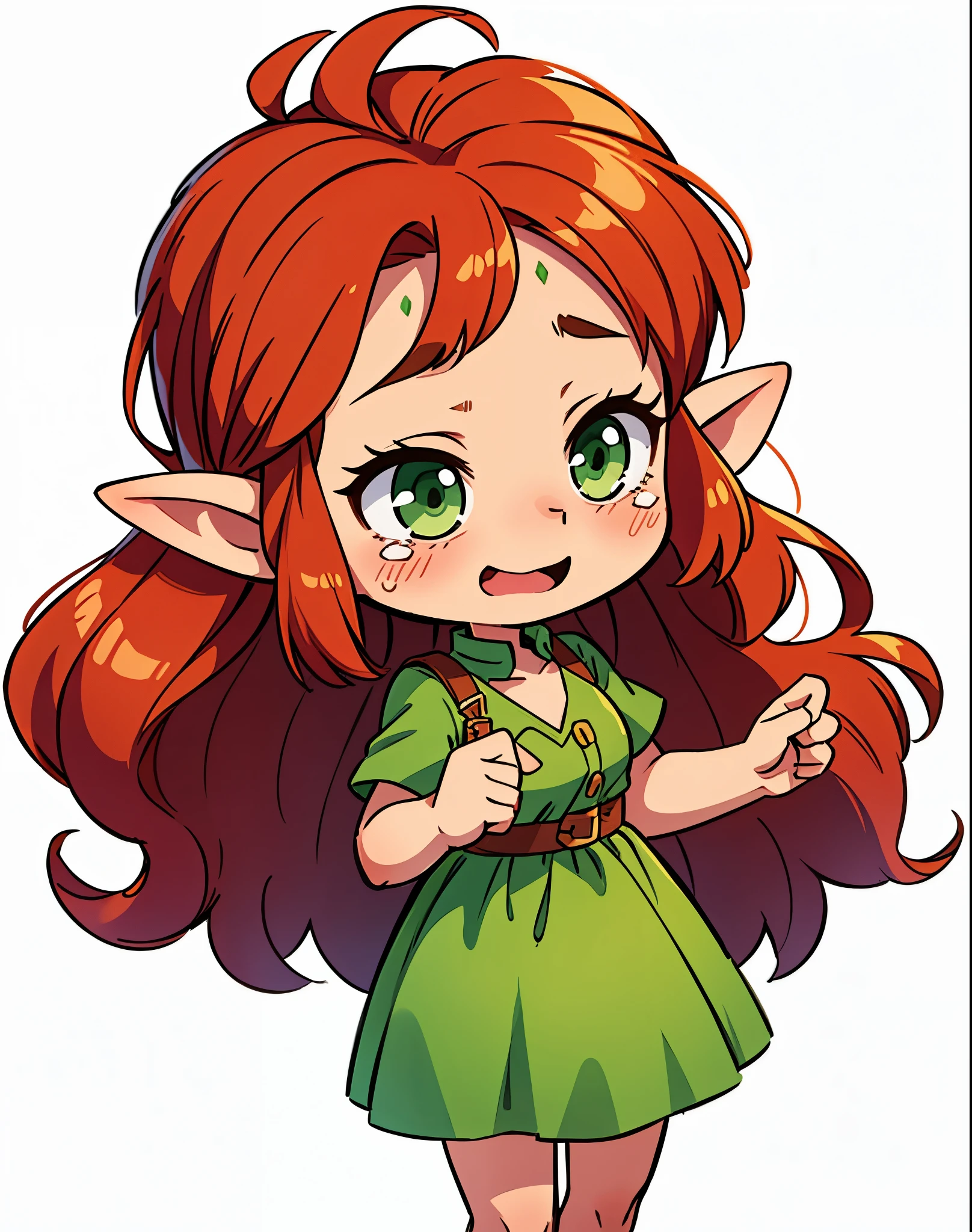 a chibi elf female, with long auburn hair, green eyes, slightly blushing, wearing a green dress, so joyful she's crying
