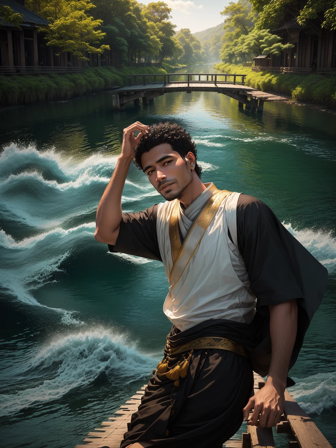 arafed man standing on a wooden bridge over a river, riyahd cassiem, ayan nag, candid picture, assamese aesthetic, river in the background, very very high quality picture, near a river, in lake, connected with hanging bridge!!, a picture, very artistic pose, picture, profile picture 1024px, near a lake