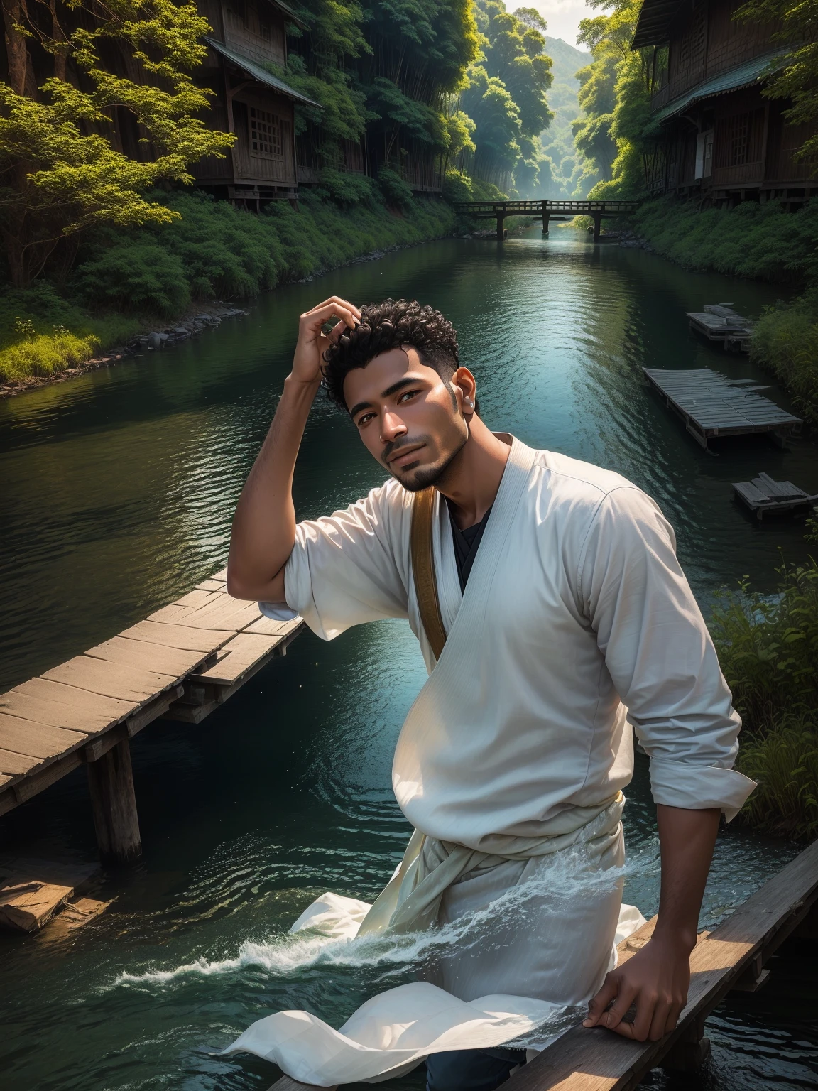 arafed man standing on a wooden bridge over a river, riyahd cassiem, ayan nag, candid picture, assamese aesthetic, river in the background, very very high quality picture, near a river, in lake, connected with hanging bridge!!, a picture, very artistic pose, picture, profile picture 1024px, near a lake