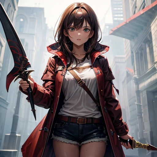 Brown-haired girl wearing a bloody raincoat Holding a dagger Wearing shorts
