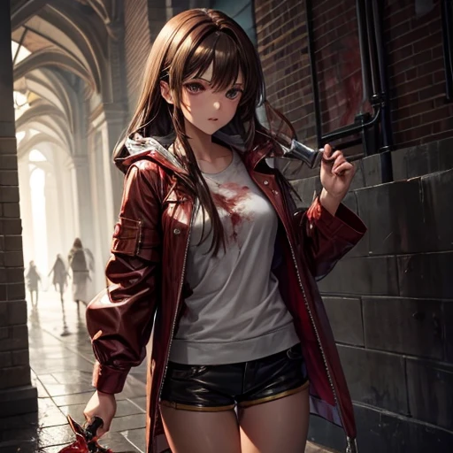 Brown-haired girl wearing a bloody raincoat Holding a dagger Wearing shorts
