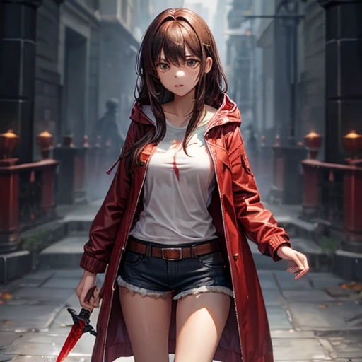 Brown-haired girl wearing a bloody raincoat　　Holding a dagger　Wearing shorts