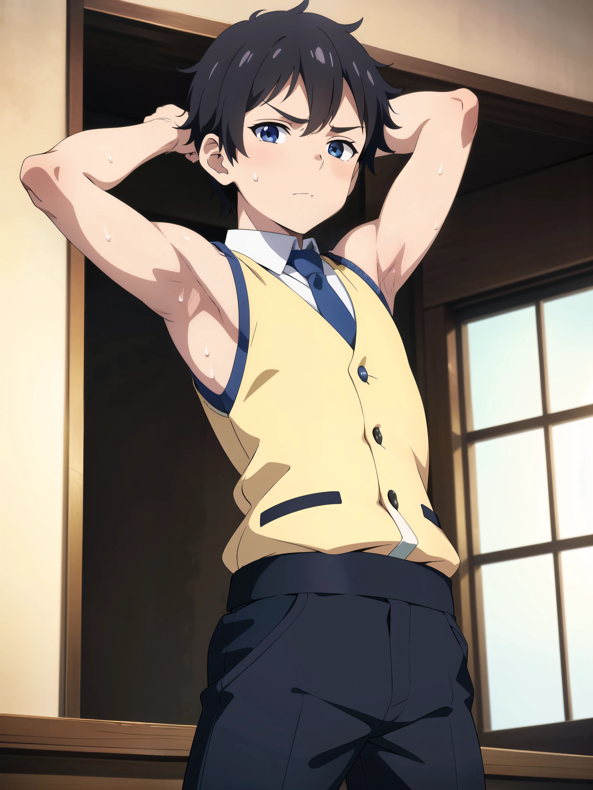 Highres, Masterpiece, Best quality at best,Best Quality,hight quality, hight detailed, Anime style, 1boy, Shota, Tie Sleeveless vest, cafe, Seen from the front, look at viewer, (very young boy), (very small and short body), 12-year-old boys, Such  a cute smooth armpit, The boy is very tempting, Cute armpit, sexy armpit, beautiful armpits, seductive armpits, a Boy cutely shows his armpit, hansome boy, Sweat, Uhd, 4k wallpaper