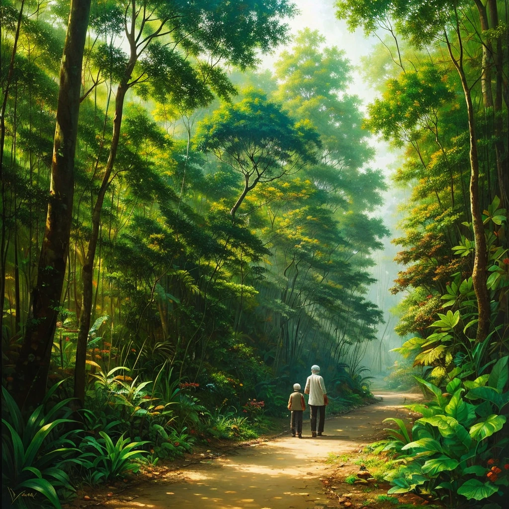 Old Menek walked with his grandson, through a narrow path in the middle of a dense forest. Typical Indonesian natural scenery. Detailed and natural. Realistic painting effect