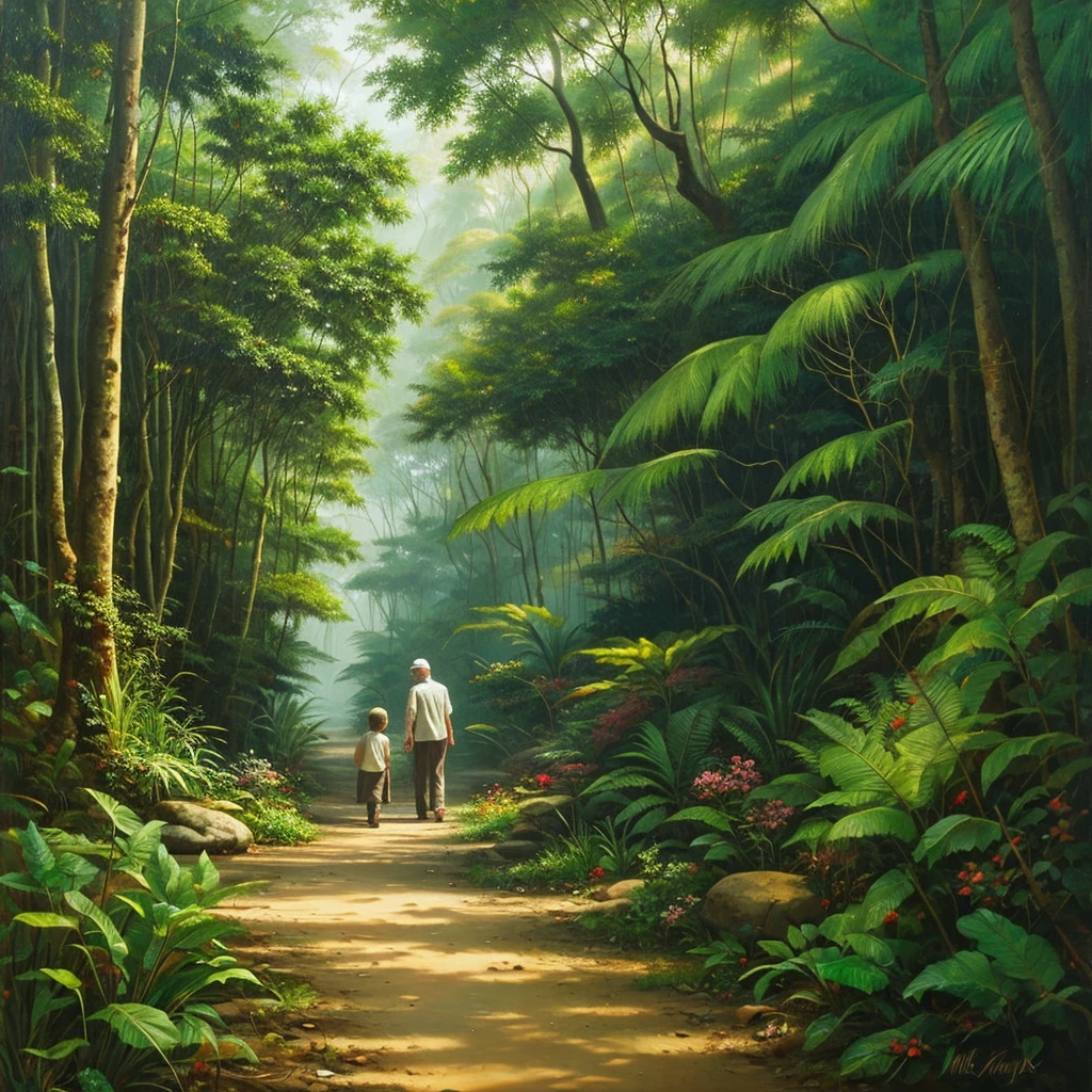 Old Menek walked with his grandson, through a narrow path in the middle of a dense forest. Typical Indonesian natural scenery. Detailed and natural. Realistic painting effect