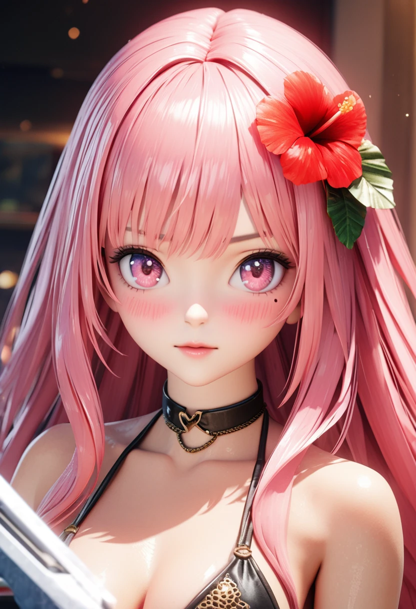 masterpiece,highest quality, Very detailed, High resolution, expensive resolution, High resolution, 4K, 8k, unity 8k wallpaper, Very detailed CG, masterpiece, 2D, 3D, Beautiful details, depth, Fine texture , highest quality: 1.3, Fully focused, Crispy.skin, .he,
Very cute anime girl 、bikini、Large Breasts、Pink medium-long hair wearing expensive , Two Girls、Holding a gun, Mole under the eye, looking at the viewer , expensive , blush, Mole, Lips parted, Hibiscus Hair Accessories, heart, Pink Eyes, choker