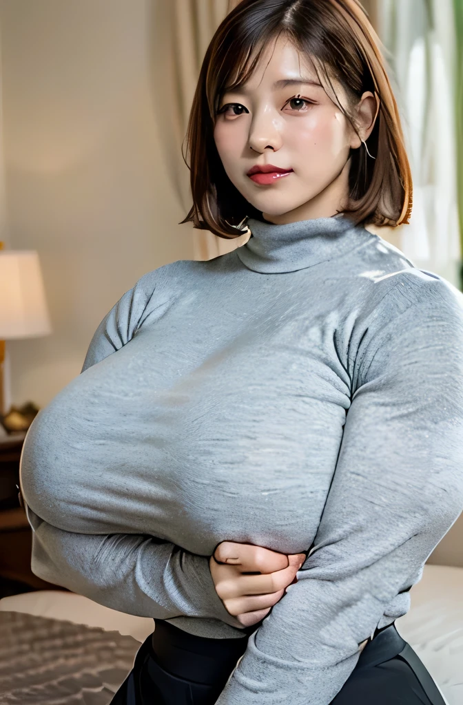 (Raw photo, Best Quality), (Realistic, Photorealsitic:1.3), masterpiece, Extremely delicate and beautiful, Soft light, (dark brown hair, hair, medium short hair, bang), Beautiful detailed girls, (Precise fingers, Eyes and faces with detailed, beautiful detailed nose, Beautiful detailed eyes, 1 girl, Japanese, Neat and clean beauty, Cute, tall, muscular body, young, (voluptuous bust), slim waist, Realistic face,(bedroom), hyper muscle, gigantic massive pecs, gigantic bulky abs, gigantic massive thighs, gigantic massive calves, gigantic massive deltoid muscles, gigantic massive arms, gigantic massive forearms, gigantic mitral muscle, gigantic massive broad shoulder, muscular body type, big smile, full body, grey longsleeve turtleneck sweater, skirt