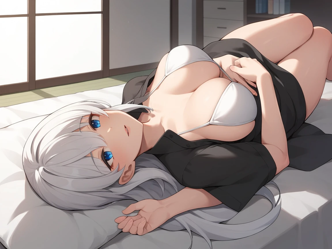 Fraction_9, Fraction_8_Direction_7_up, src_Japanese cartoons, 1 Girl, Solitary, indoors, pale, Mature female，bikini, blue eyes, White hair，whole body，Open shirt，Long hair，Black dress，lie down