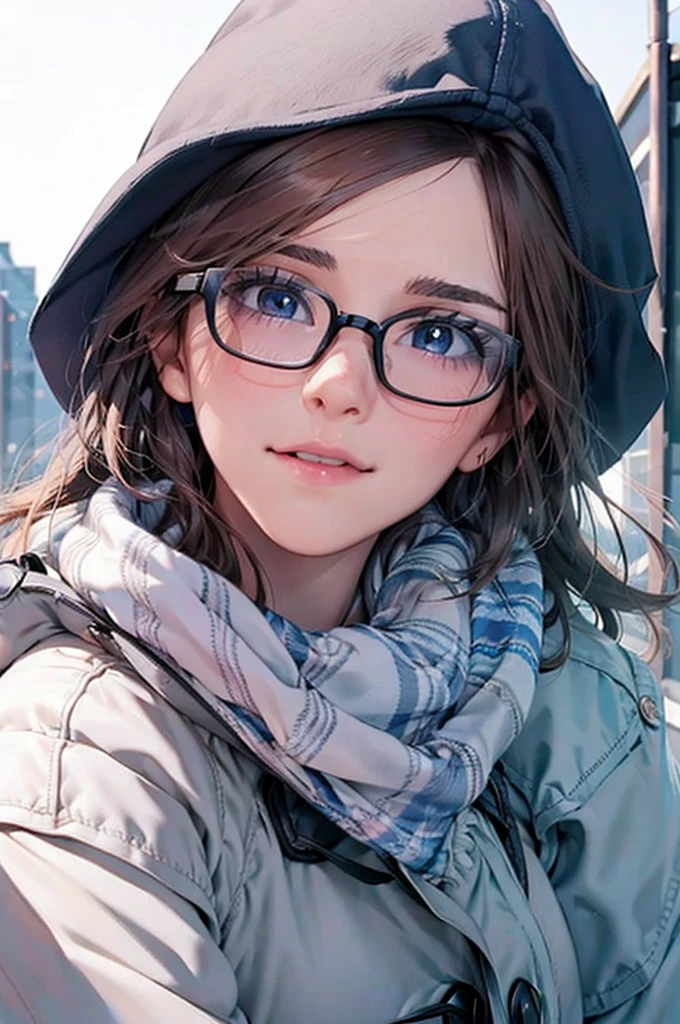 30 years old Blue Eyes Duffle coat Woolen hat Scarf gloves Glasses blush Looking up night Falling snow new york Christmas tree adventurous journey Deep love and trust I love you I love。