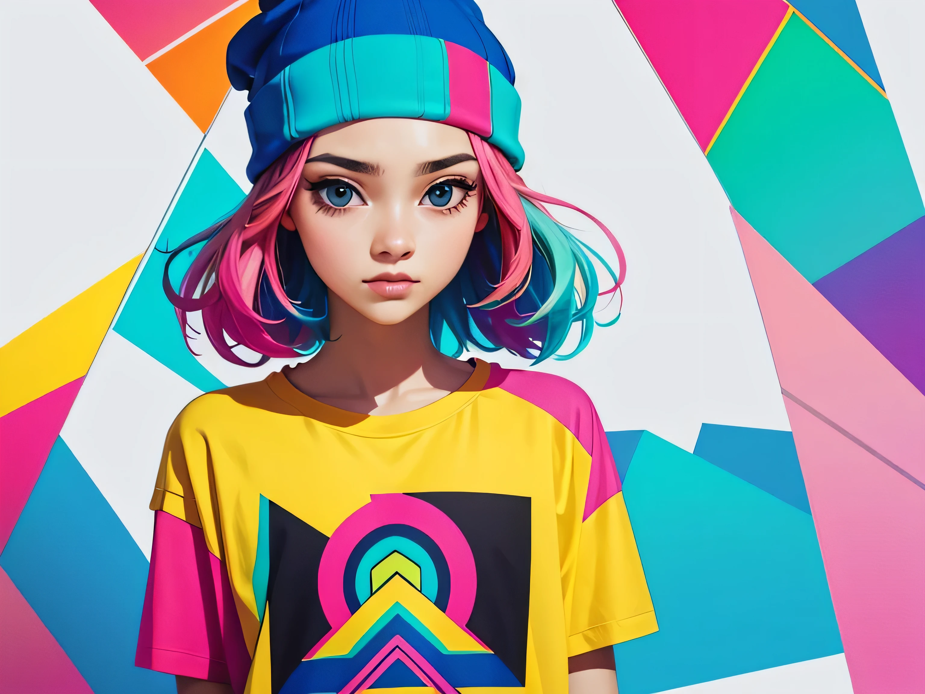 Create a vibrant, abstract print with geometric shapes and bright colors, ideal para camisetas modernas. Use um estilo de arte digital com texturas suaves e um toque de neon.