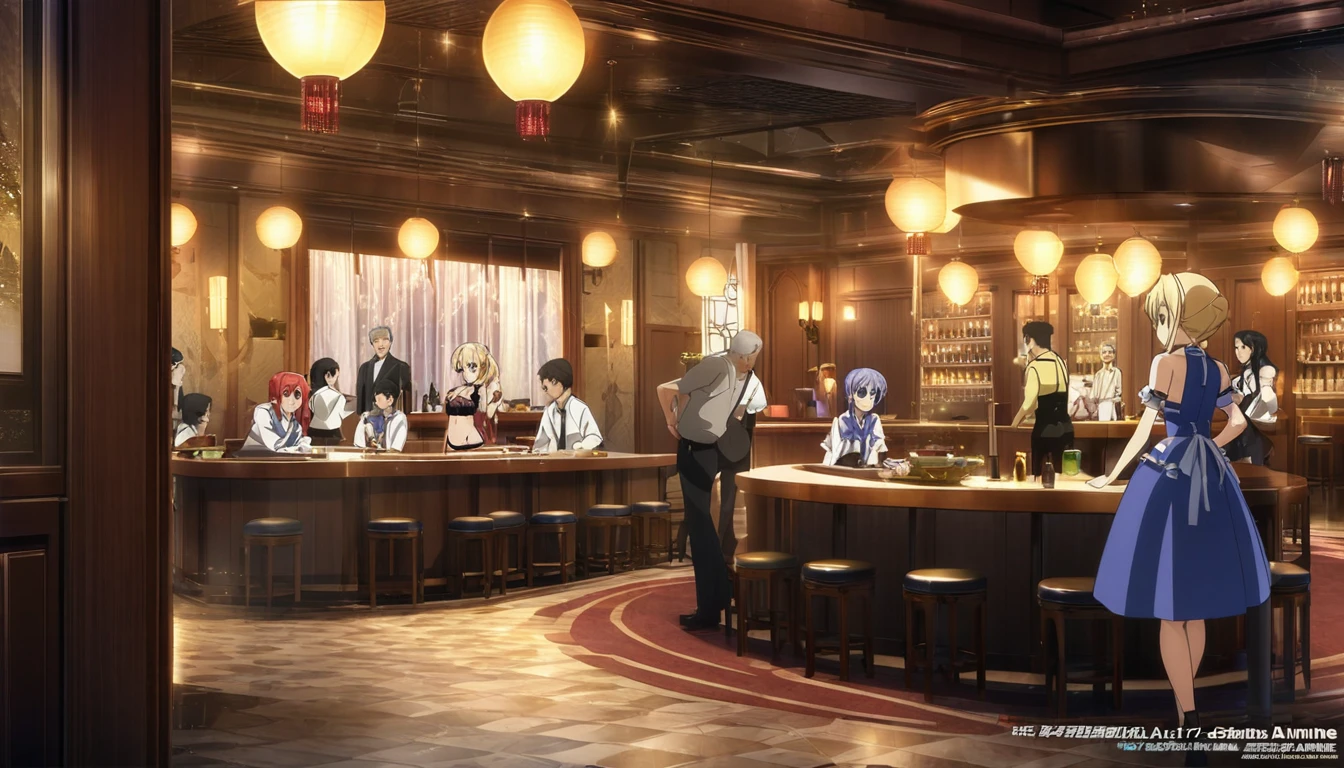 ((infinite stratus anime art, masterpiece, 4k, extreme quality)). 
The theme is prostituition.
The setting is inner a large and modern taverna, it is very large, the environment is very spacious to fit more than 50 people, has only a single room, the side walls are white, the color of the ceiling ceiling is black and full of lamps White LED 6500K, the ceiling has friezes with purple led ribbons, the floor is in black laminate, the floor has friezes with purple LED ribbons, the scenery is completely lit without dark spots, it has some wooden chairs to sit, tables Wood for drinking, sex beds, the view of the scenery and wide and complete, have at least 5 well detailed adult men in, have at least 10 well detailed  prostitutes inside, nothing is blurred. 
A prostitute, only one, ************, kiddie tall, kiddie body, wonderful face, red eyes, she wears a very tiny lingerie, very very very very very extremely long and shiny blonde hair, green eyes, She is very thin, flat breasts, thin waist, wide hips, big round ass, wonderful curves, shy behavior, shy pose, fullbody.
At least 10  prostitutes on the scene.  
At least 5 men in the scenario.  
 prostitutes are at most ************.  
Men are at most 30 years old.  
The  prostitutes wear sexy lingerie in many different colors.  
The men are well dressed.  
 prostitutes vary between brunettes and redheads.
the atmosphere is hot.
Complete view of the scene.