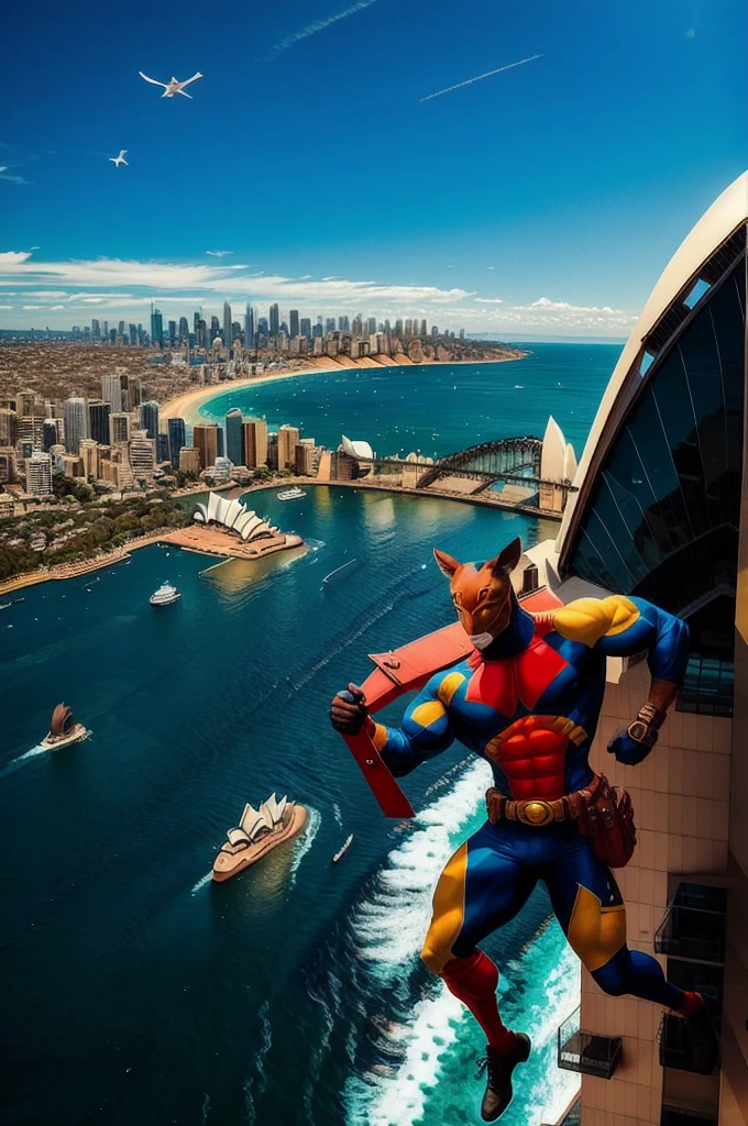 Australia: A unique superhero resembling a combination of kangaroo and human, with incredible jumping power. They wear a utility belt with pouches and have a boomerang in hand. The Sydney Opera House can be seen in the distance.