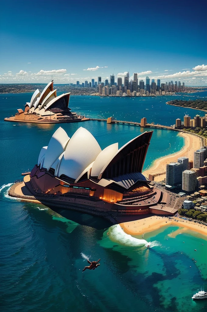 Australia: A unique superhero resembling a combination of kangaroo and human, with incredible jumping power. They wear a utility belt with pouches and have a boomerang in hand. The Sydney Opera House can be seen in the distance.